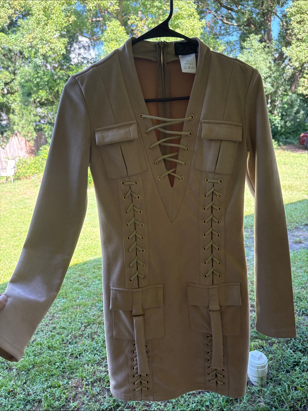 Hot Miami Styles Taupe Lace-Up Long Sleeve Blazer Dress